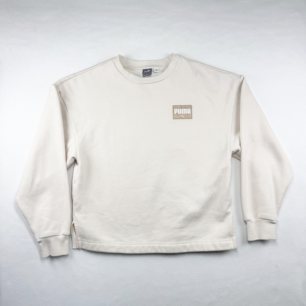 Puma Women's Cream Fleece Sporty Crewneck Sweatshirt Logo Patch Athleisure Small